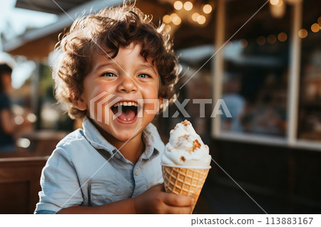 smiling little boy with ice cream outdoors at summer day 113883167