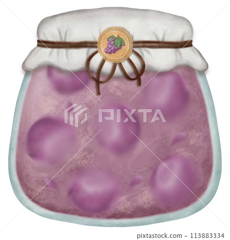 Set of fruit jams in glass jars hand drawn in cartoon style. 113883334