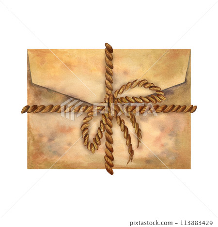 Old vintage mail envelope of beige parchment paper tied with a brown rope and a bow in an antique style. Watercolor illustration for design template for Book Day, history, antique shop, calligrapher Old vintage mail envelope of beige parchment paper tied with a brown rope and a bow in an antique style. Watercolor illustration for design template for Book Day, history, antique shop, calligrapher 113883429