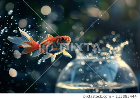 Vibrant goldfish leaps from water, symbolizing freedom or change 113883444