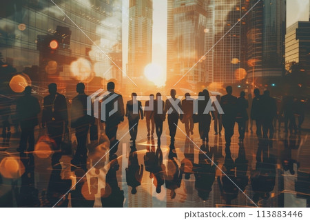 Abstract double exposure image of a business team's silhouette on a vibrant city backdrop 113883446