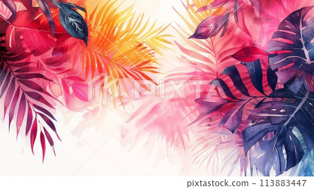 Lush color palette and vibrant tropical foliage in an abstract watercolor painting 113883447
