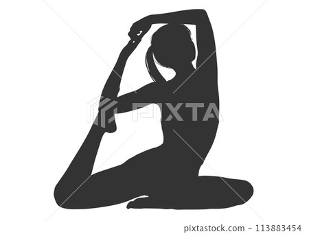 Full body front silhouette of a woman doing yoga pose pigeon pose Full body front silhouette of a woman doing yoga pose pigeon pose 113883454