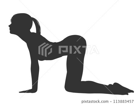 Full body sideways silhouette of a woman stretching on all fours Full body sideways silhouette of a woman stretching on all fours 113883457