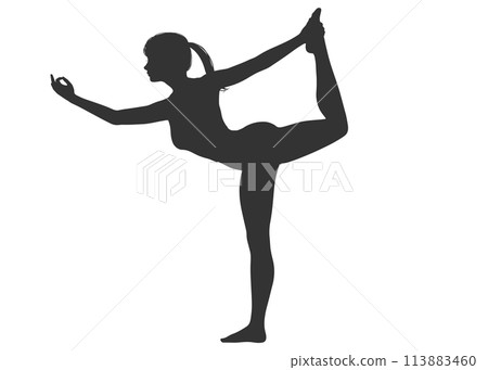 瑜珈姿勢 一個女人做舞者姿勢的全身側面輪廓的插圖 瑜珈姿勢 一個女人做舞者姿勢的全身側面輪廓的插圖 113883460