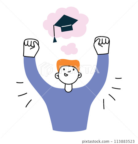 Student happy about graduation from college, winning scholarship, dreaming of passing exams, school education, composition with flat cartoon boy, vector illustration of academic success, graduate cap Student happy about graduation from college, winning scholarship, dreaming of passing exams, school education, composition with flat cartoon boy, vector illustration of academic success, graduate cap 113883523