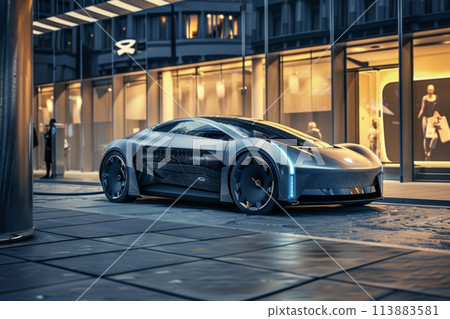 Sleek electric car parked in a modern cityscape at twilight, showcasing eco-friendly transportation 113883581