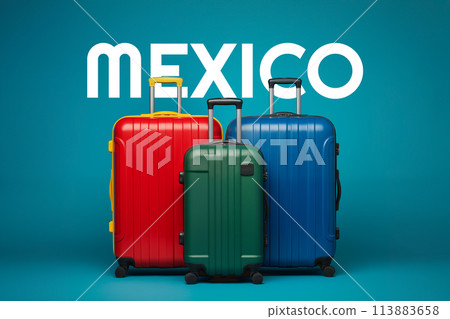 Three suitcases ready to travel to Mexico placed on a solid blue background. 113883658