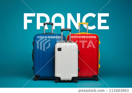Three suitcases with the colors of the French flag. isolated on blue background ready to travel 113883663