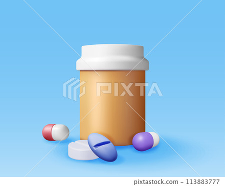 3D plastic bottle full of pills 113883777