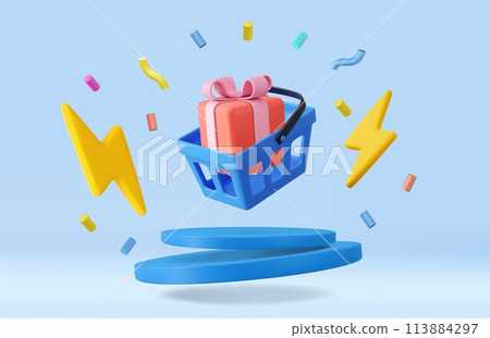 3d shopping basket with confetti 3d shopping basket with confetti 113884297