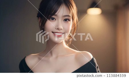 A long-haired woman smiling gently at a cafe 113884339