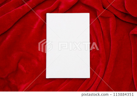 Book with blank cover and empty cover on red blanket 113884351