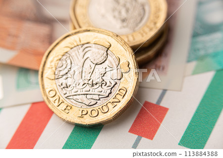 one pound coin and a 10 pound bill 113884388