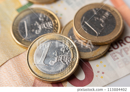 1 Euro coins and bills 113884402