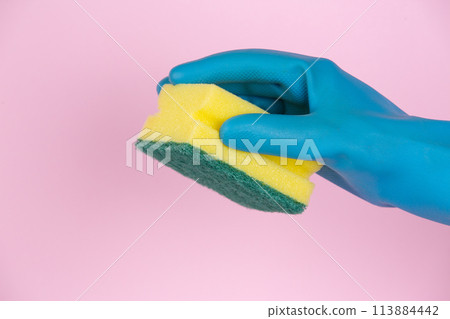 A hand with cleaning gloves holding scouring pad on pink background A hand with cleaning gloves holding scouring pad on pink background 113884442