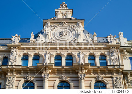 Latvian tourist landmark attraction - Art Nouveau style architecture - building fasade of Riga city, Latvia. 113884480