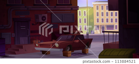 Old broken car standing in alley of ghetto 113884521