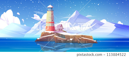 Winter landscape with lighthouse on island cliff 113884522