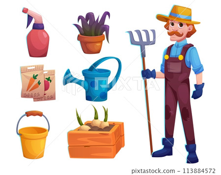 Man farmer with pitchfork and gardening tools - Stock Illustration ...