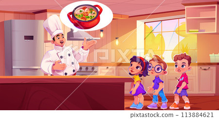 Chef cook soup food for children vector cartoon Chef cook soup food for children vector cartoon 113884621