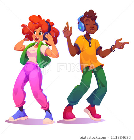 Persons listen to music in headphones and dance. Persons listen to music in headphones and dance. 113884623