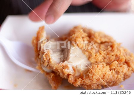 Woman eating fried chicken blurred background Woman eating fried chicken blurred background 113885246