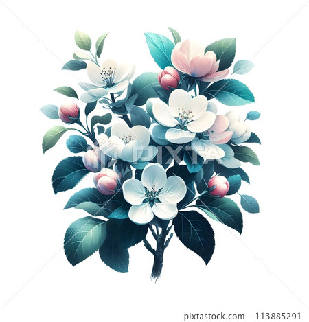 Green foliage and delicate petals of apple tree flowers on a white background, isolation on a white background, spring is gaining strength, a very beautiful breathtaking sight. Generative AI. 113885291