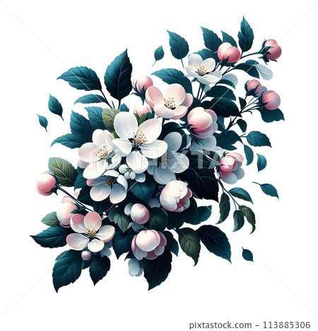 Green foliage and delicate petals of apple tree flowers on a white background, isolation on a white background, spring is gaining strength, a very beautiful breathtaking sight. Generative AI. 113885306