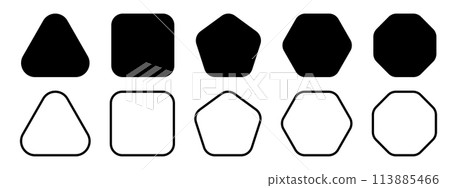 Set of geometric figures with rounded corners. Triangle, square or squircle, pentagon, hexagon and octagon shapes isolated on white background. Vector graphic illustration Set of geometric figures with rounded corners. Triangle, square or squircle, pentagon, hexagon and octagon shapes isolated on white background. Vector graphic illustration 113885466