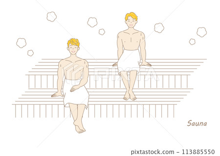 Two refreshing men who love saunas enjoying sauna in a sauna room. Totono Sauna Boys Simple 113885550