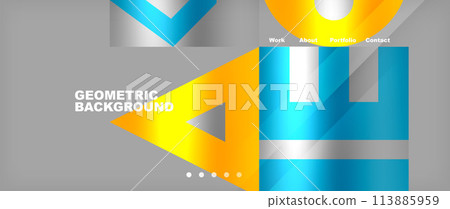 Geometric shapes in yellow, silver, and electric blue on a gray background Geometric shapes in yellow, silver, and electric blue on a gray background 113885959