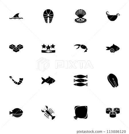 Seafood icon - Expand to any size - Change to any colour. Perfect Flat Vector Contains such Icons as salmon steak, sushi, soup, caviar, grilled fish, shell, oyster, crab, shellfish, octopus, lobster. 113886120