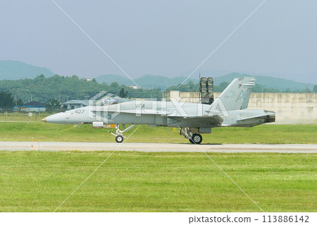 A US Navy F/A-18C Hornet taxiing. 113886142