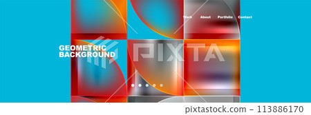 Vibrant geometric shapes in orange and amber hues on electric blue background 113886170
