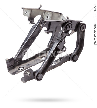 Pair of hinges for attaching the hood or trunk of the car on a white isolated background. Auto parts for catalog and repair of vehicles. 113886223