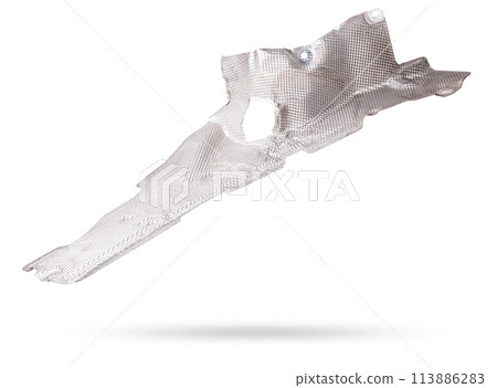 Heat shield made of aluminum to protect vehicle body parts from hot exhaust. Car spare parts catalog. Thermal insulation. Heat shield made of aluminum to protect vehicle body parts from hot exhaust. Car spare parts catalog. Thermal insulation. 113886283