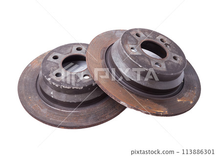 Old rusty brake disc on white background. Auto service industry. Spare parts catalog. 113886301
