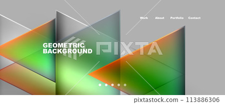 Geometric pattern with green and orange triangles on gray background 113886306