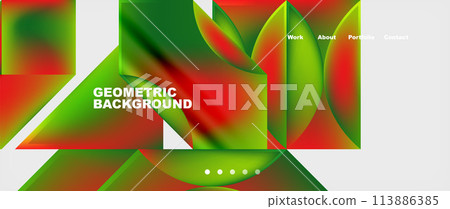 Geometric art with green and red triangular petals on white background 113886385