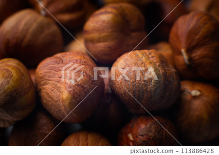 Photo of hazelnut. Hazelnut nut health organic brown filbert autumn background concept. Food background Photo of hazelnut. Hazelnut nut health organic brown filbert autumn background concept. Food background 113886428
