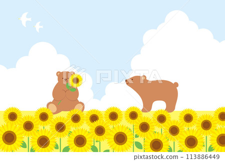 Background illustration of bears playing in a sunflower field in summer Background illustration of bears playing in a sunflower field in summer 113886449