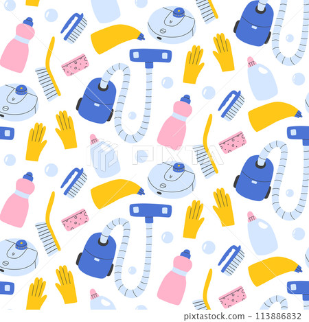 Seamless pattern with cleaning elements. Hand drawn pattern with detergent. Vector illustration. 113886832