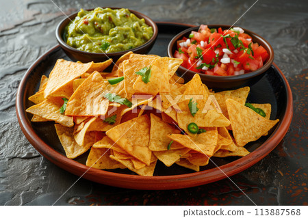 Mexican nachos chips with salsa and guacamole 113887568