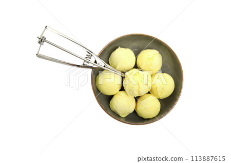 PNG, Ice cream with fresh melon in a bowl, isolated on white background 113887615