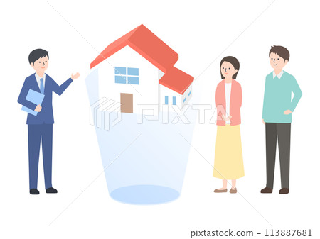 一位商人和一對夫婦實際上檢查房屋的完整圖像 一位商人和一對夫婦實際上檢查房屋的完整圖像 113887681