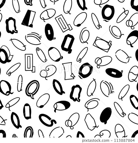 A monochrome pattern with a variety of letters Q scattered in different orientations 113887804