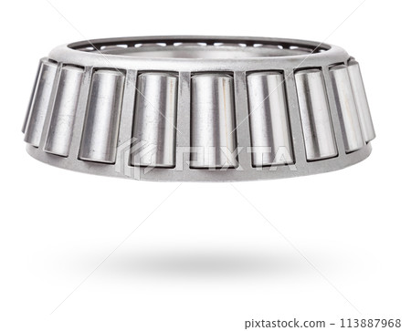 Shiny metal single row round roller bearing designed to absorb radial and one-sided axial loads of the vehicle. Sale of spare parts or repair in a workshop or car service. 113887968