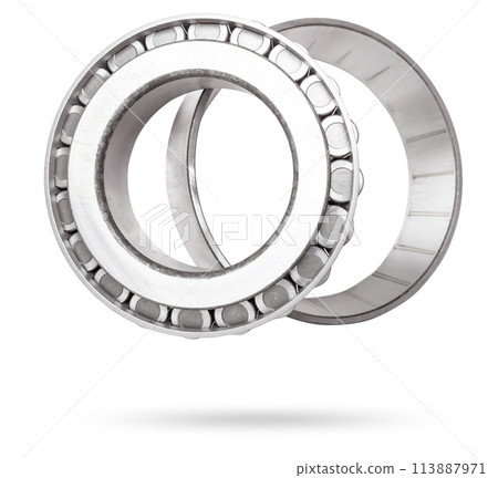 Shiny metal single row round roller bearing designed to absorb radial and one-sided axial loads of the vehicle. Sale of spare parts or repair in a workshop or car service. 113887971
