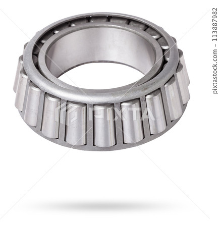 Shiny metal single row round roller bearing designed to absorb radial and one-sided axial loads of the vehicle. Sale of spare parts or repair in a workshop or car service. 113887982